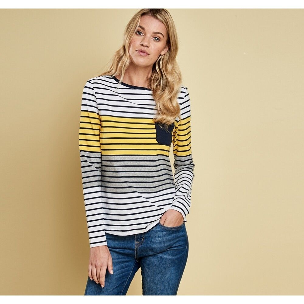 Barbour Womens Selsey Long Sleeve Shirt Navy White Yellow Stripes Size 4